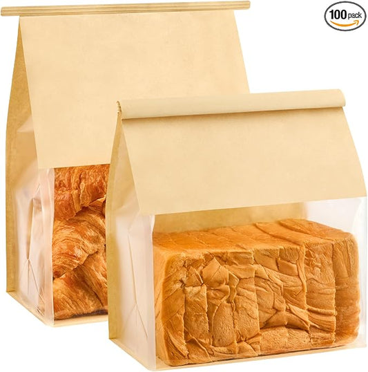 Ocmoiy 100 Pack Bread Bags for Homemade Breads, 8.7x4.3x11 Inches Resealable Tin Tie Tab Lock Large Bakery Packaging Bags with Window for Sourdough Bread, Bagels, Pastry