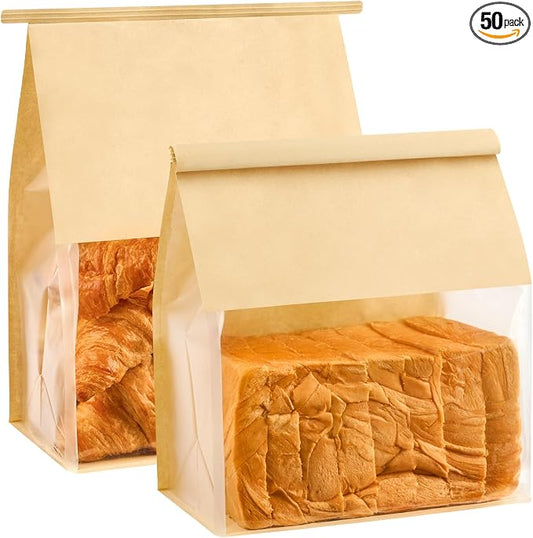 Ocmoiy 50 Pack Bread Bags for Homemade Breads, 8.7x4.3x11 Inches Resealable Tin Tie Tab Lock Large Bakery Packaging Bags with Window for Sourdough Bread, Bagels, Pastry