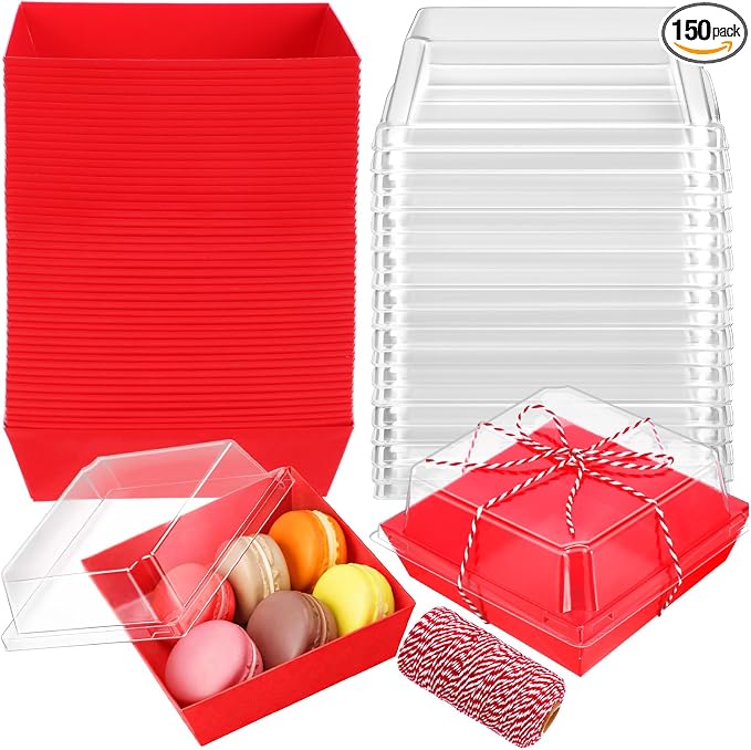 Jetec 150 Pack Charcuterie Boxes with Clear Lids and Rope 4 Inches Cake Disposable Square Dessert Food Box Containers with Lids for Bakery Macaron Cookies Strawberries Fruits Display (Red)