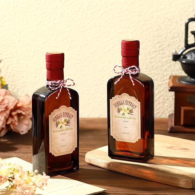 Suclain 8 Pack 8.5 oz Amber Glass Bottle for Vanilla Extract Homemade, Brown Vanilla Extract Bottles with Airtight Lid and Stickers for Syrup Gift Food Storage Canister Christmas Small Gift(Red)
