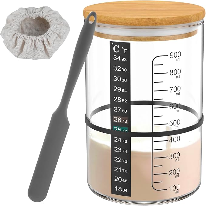 Sourdough Starter Jar Kit, Glass Sourdough Starter Kit -30.4oz BPA Free Dishwasher Safe, Wide Mouth Glass Jar with Thermometer, Date Marked Feeding Band, Wooden Lid Cloth Cover, Bread Baking Supplies