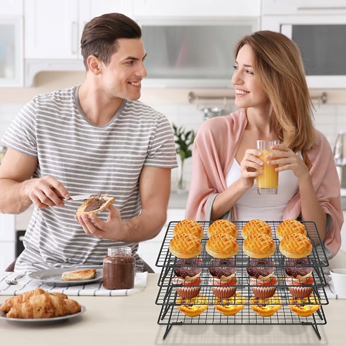 4Pcs Cooling Racks for Cooking and Baking, 4-Tier Stackable Roasting Rack, 13.4 x 9.4 Inch Carbon Steel Baking Rack for Oven Cooking, Roasting, Grilling Making Jerky (Black, 4Pcs)