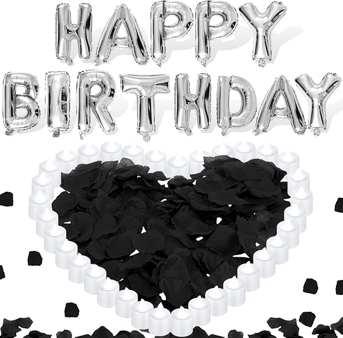 Black and Silver Happy Birthday Balloons Decorations Happy Birthday Letter Balloons Banner with 24pcs Flameless LED Candles and 2000pcs Artificial Rose Petals for Women Men Room Party Decor
