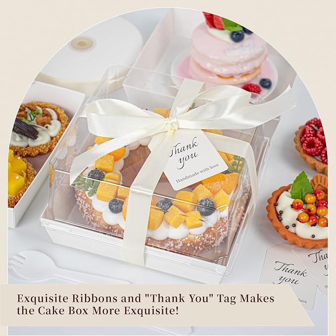 7 x 7 x 4 Inches Paper Cake Boxes with Clear Lids, 50 Pack White Large Charcuterie Square Food Containers, Valentine's Day Disposable Bakery Boxes for 4-6 Inch Bundt Cake, Pie, Dessert