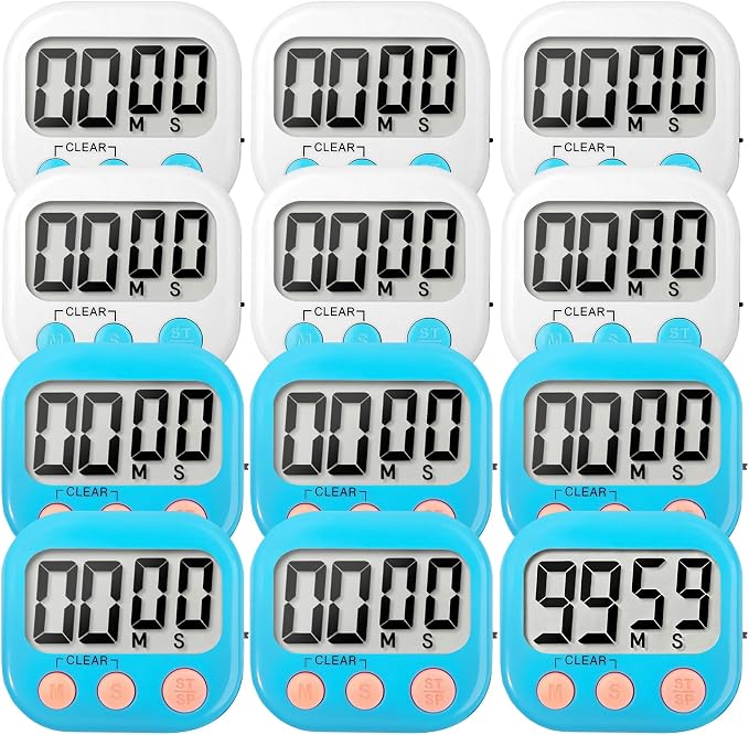12 Pack Digital Kitchen Timer Small Classroom Timers for Kids Teachers (Blue&White)