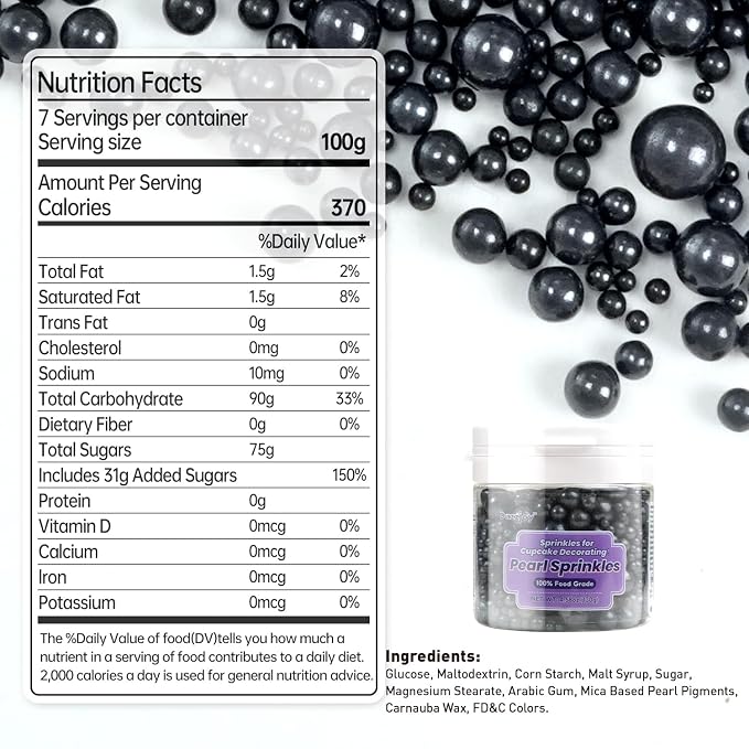 Dazzjoy Edible Black Sugar Sprinkles, Pearl Candy Sprinkles for Cake Decorating, Food Grade, Cupcake Toppers and Black Cake Decorations, Wedding Party Valentines Supplies(130g/4.58oz)