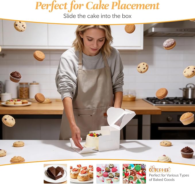 COTOPHER 50pcs 6x6x5 Inch Mini Cake Boxes, 6 Inches Small Bakery Box (25 Boxes & 25 Boards), Bento Cake Containers for Cookies, Cupcake, Desserts, Birthday, Party, Wedding, Valentine's Day