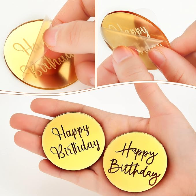 Qunclay 30 Pcs Happy Birthday Acrylic Cake Toppers, Mirror Acrylic Cupcake Toppers, 3 Multi-shape & Gold Rose Gold Silver Cupcake Picks for Birthday Party Pastries Decor DIY Supplies(Round)