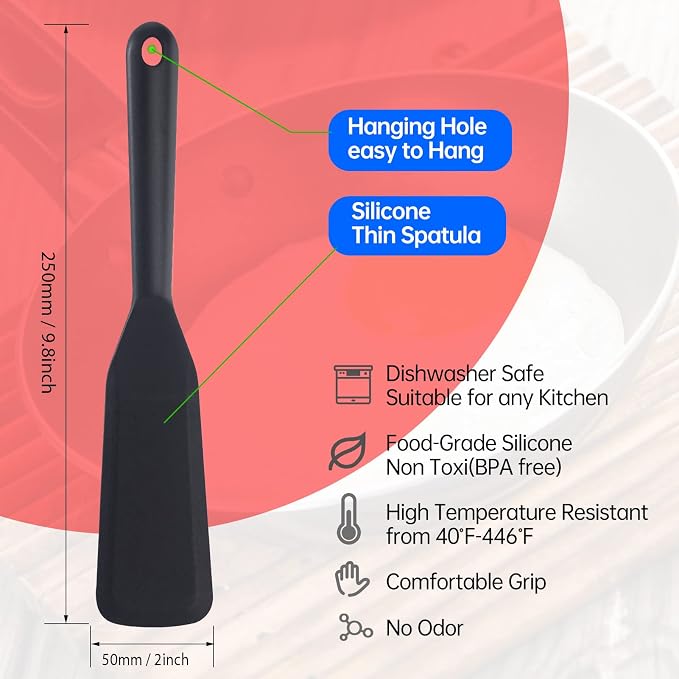 2 Pack Silicone Thin Omelet Turner, Heat Resistant Crepe Spatula for Nonstick Cookware, Pancake Spatula for Egg Cake Pizza Steak Omelet Crepes (Red,Black)