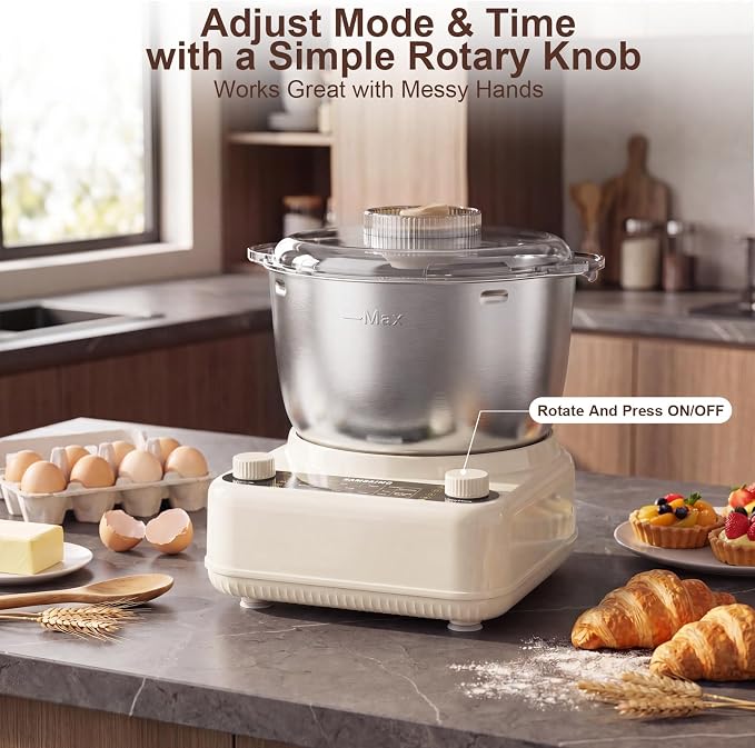Electric Dough Maker with Ferment Function, 6.5QT Stand Dough Mixer, Dough Kneading Machine with 304 Stainless Steel Bowl, Removable Lid & Knob Control, Ideal for Bread, Pizza, Pasta - Almond Cream