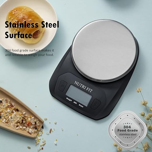 NUTRI FIT Digital Food Scale Small Kitchen Scales Weight in Grams and OZ for Cooking Baking Weight Loss, Stainless Steel Tare & Backlit LCD Display, Black