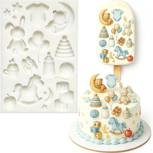 1Pc Rocking Horse Bunny Bear Silicone Mold 3D Balloons Stars ABC Blocks Cake Decorating Fondant Mold for Cake Toppers Candy Gum Paste Pastry Chocolate Sugarcraft Baking Supplies Birthday