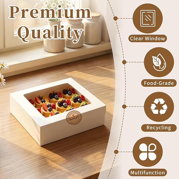 Homrelaxy 70 Pcs White Bakery Boxes with Window - 8x8x2.5 Inches Cardboard Cookies Boxes with Stickers for Macaroon, Pastries, Donuts, Cupcakes, Cookies and Chocolate Strawberries