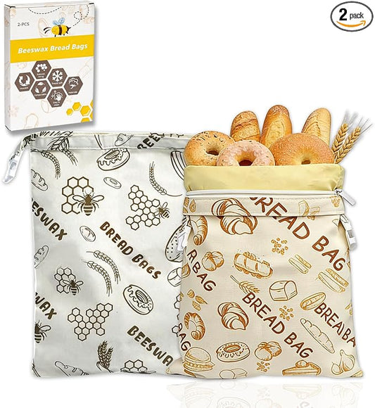 DBZ 2 Pack Beeswax Bread Bags, Reusable Bread Bags for Homemade Bread, 17 X 12 Inch Organic Linen Sourdough Bread Bags, Sustainable Food Storage Bags for Extended Freshness