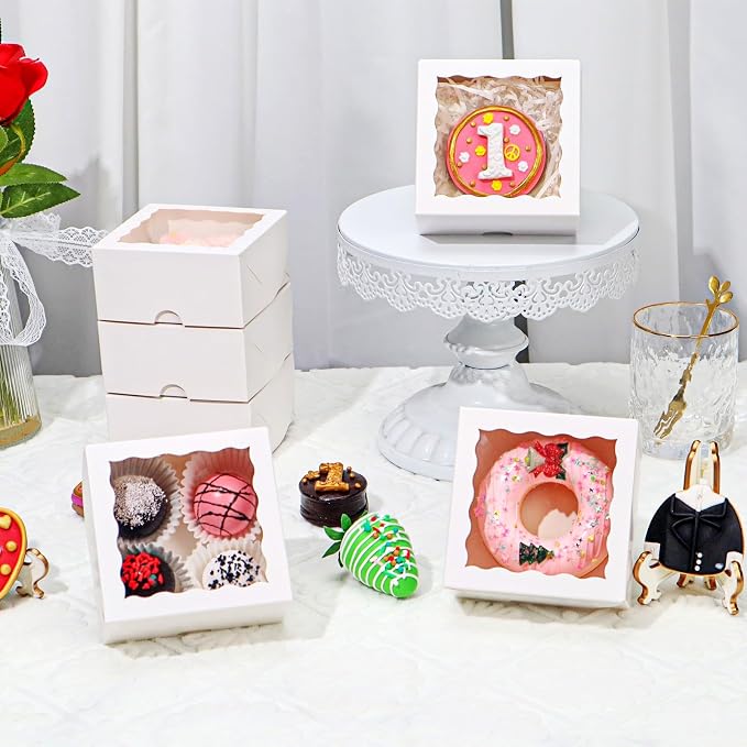 80 Pack 4x4x2 Inches Small Bakery Treat boxes Cookies Boxes Mini Baking Boxes for Cake,Pie, Cinnamon Roll Treat,Chocolate Truffle Box Party Wedding Favor
