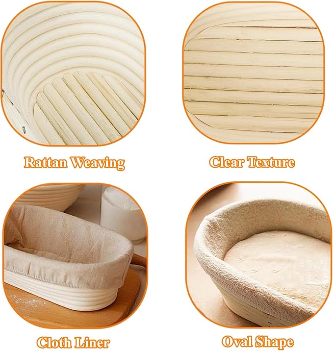 Nisorpa Oval Banneton Bread Proofing Basket Set of 10 Sourdough Banneton Basket Bread Baking Bowl Kit with Cloth Liners and Dough Scrapers for Home Bakery Bread Bakers 10 Inch