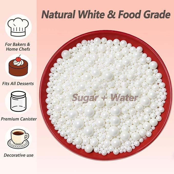 White Pearl Sugar Sprinkles Bulk 450g/16oz & Mix Size 2mm 3mm 5mm 7mm 8mm 14mm Edible Pearls Candy for Cake Decorating & Cookies Waffles Baking & Wedding Cupcakes