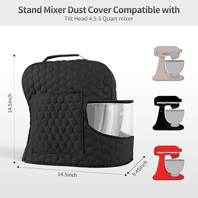 Stand Mixer Dust Cover Compatible with KitchenAid Mixer - Stand Mixer Cover Fits for 4.5/5 Quart, Storage Bag with 2 Pocket for Accessories and Attachments（Black, For 4.5- 5QT）