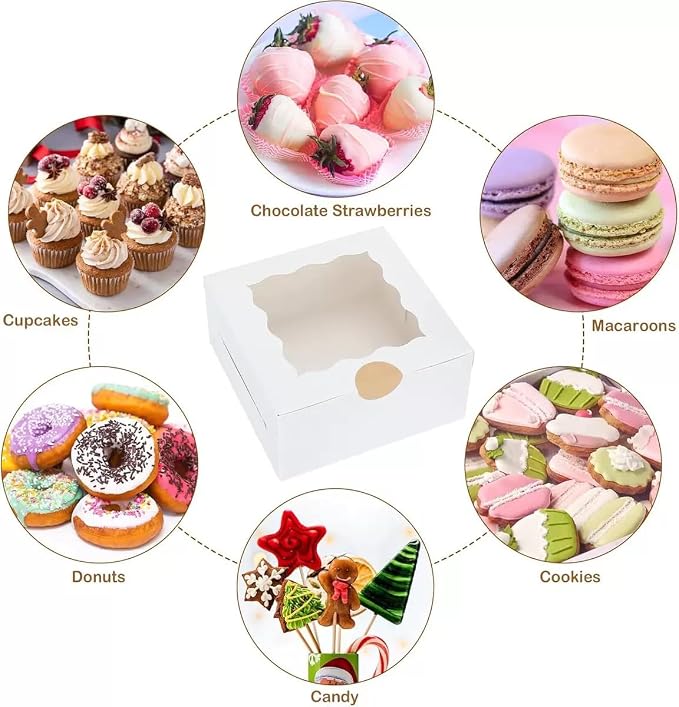 JIYIXhylera 30Pcs (6x6x3 in) Mini Cake Boxes with Display Window for Gift Giving, Bakesale, Cupcakes, Dessert, Cookies, Pie, Macaroons, Donuts, Pastry, Kraft Paper Material… (30Pcs White)