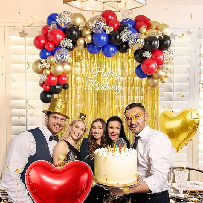 157Pcs Red Black Gold Blue Balloons Garland Arch Kit with Gold Fringe Curtain Backdrop for Birthday Baby Shower Party Decorations