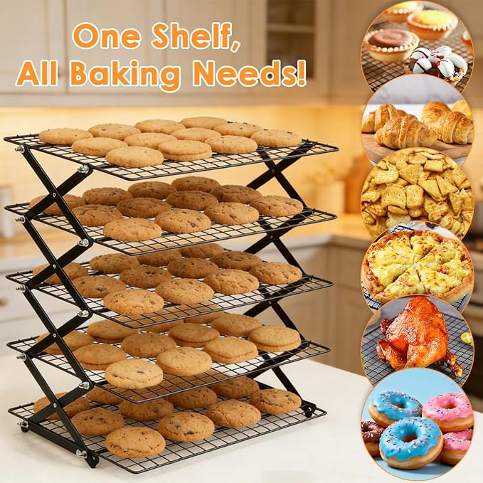 OTYMIOW Collapsible Cooling Rack with Adjustable 3 Setting Design Adjustable ＆ Stackable Baking Rack, X-Shaped Structure Cooling Rack for Cooking and Baking, Picnic Party (4 Tier)