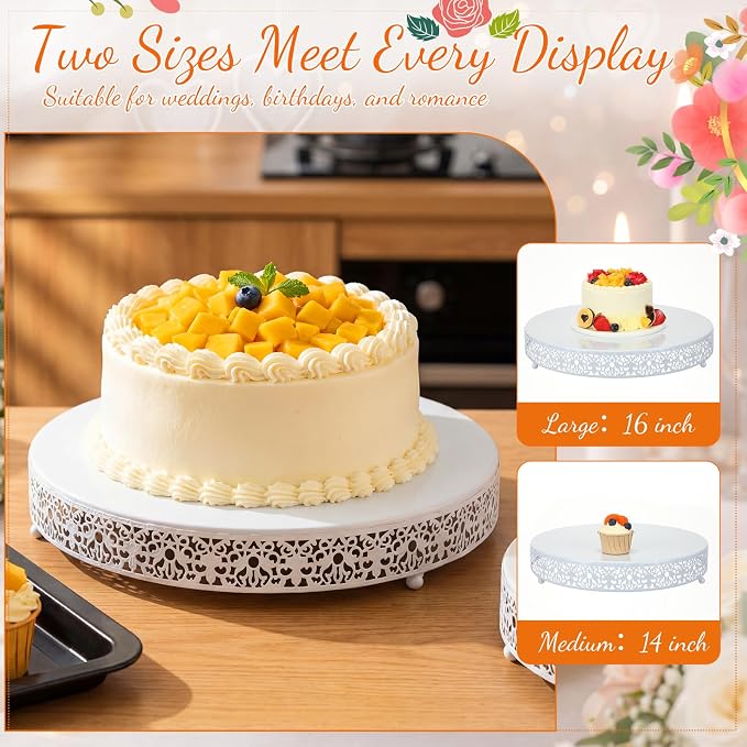 Wenqik 2 Pack Cake Stand Set, 14/16 Inch Metal Round Cupcake Dessert Stand Decorative Elegant Cake Display for Weddings Party Birthday Baby Showers Anniversary(Floral Lace,White)