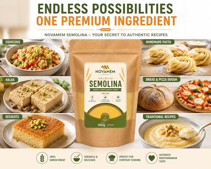 Premium Semolina Flour, Authentic Turkish Durum Wheat for Pasta, Couscous, Baking & Traditional Desserts, Freshness-Sealed Pouch, 500g (17.6 oz)