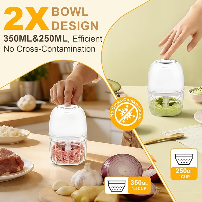 Portable Electric Garlic Chopper, 2 Bowls(1 Cup&1.5 Cup) Cordless Mini Food Processor【Up-Durable Motor】【2 Sets 304 Stainless Steel Blade】Grind for Garlic,Onion,Meat,Baby Food,BPA FREE (White)