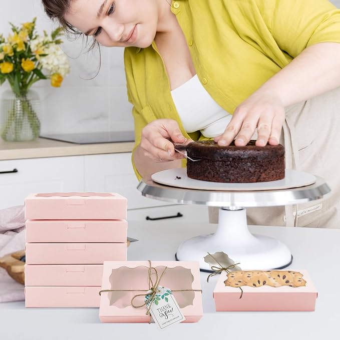 40 Pack Cookie Boxes with Clear Window, 7 x 4 3/8 x 1½ Inch Small Pink Kraft Candy Boxes Premium Pastry Boxes with Tags Ropes for Cookie Packaging, Dessert, Donuts, Pie, Cupcakes, Parties