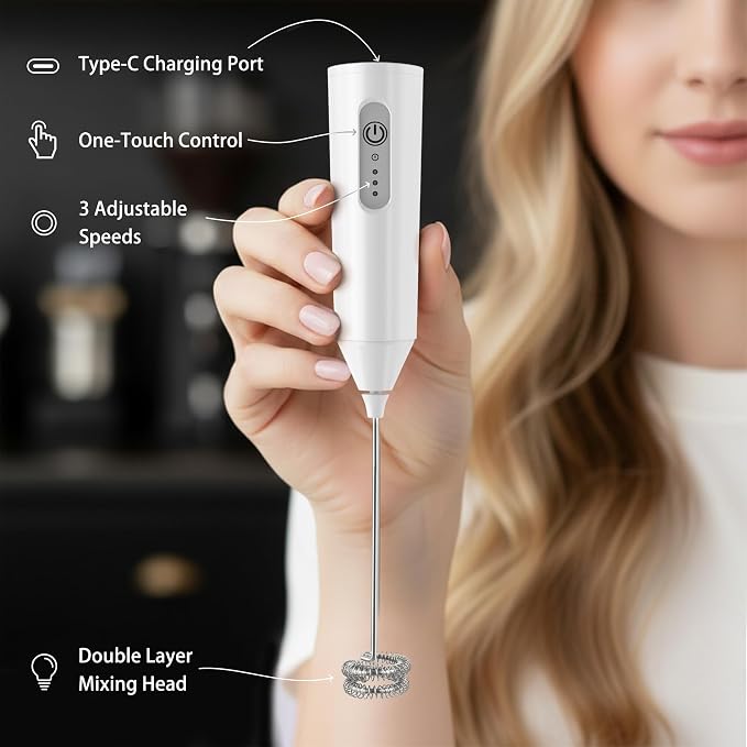 Puraville Rechargeable Electric Milk Frother Handheld, 3 Speeds Electric Whisk Drink Mixer with Stand, Type-C Charging BPA Free for Coffee, Latte, Cappuccino, Egg, Cream, White