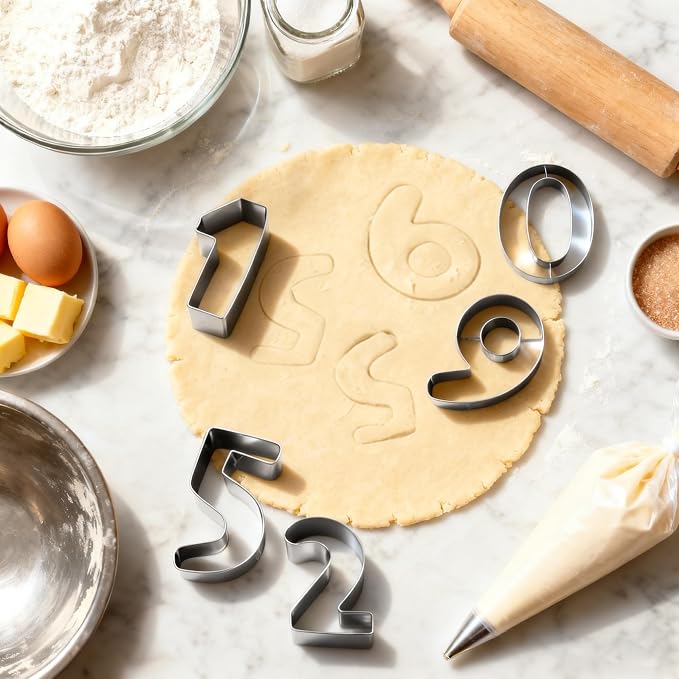 Number Cookie Cutter Set - 10Pcs Mini Cookie Cutters Variety Pack with Dough Scraper, Stainless Steel Numbers 0-1-2-3-4-5-6-7-8-9 Cookie Mold for Biscuits, Fondant