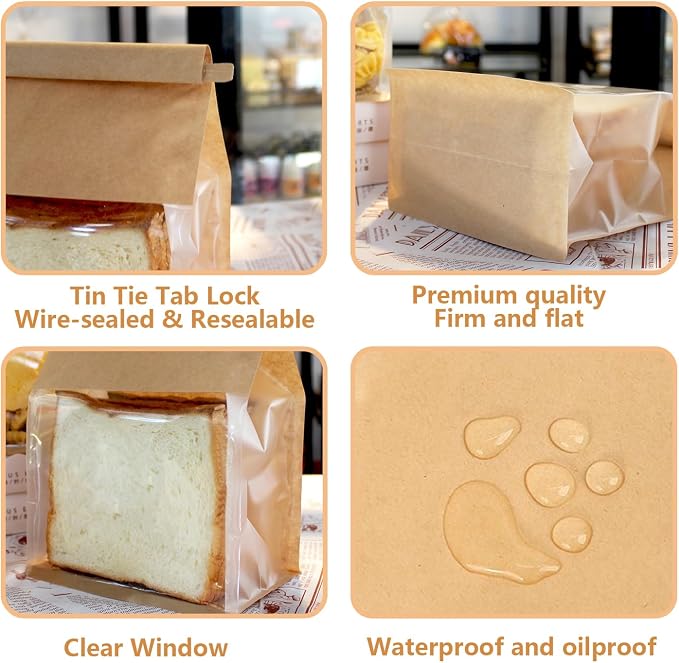 Heavy Duty Paper Bread Bags with Tin Tie Tab Lock 100PCS, Loaf Bag with Clear Front Window, Storage Packaging Treat Bag for Bakery Cafe Homemade Bread 10.2" × 5.1" × 6.3"