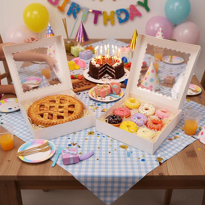Moretoes 5pcs Pie Boxes, 12x12x2.5 White Bakery Boxes, Auto-Popup Cookie Boxes for Pies, Dessert Boxes Treat Boxes for Pizza, Strawberries, Chocolate, Pastries, Donuts, Graduation Celebration