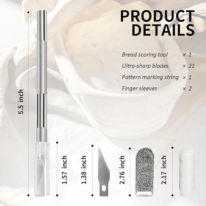 Premium Bread Lame - Sourdough Scoring Tool Kit with 21 Blades, Safety Cover, 2 Finger Sleeves, Pattern String - Stainless Steel Dough Scorer Knife for Artisan Bread Baking