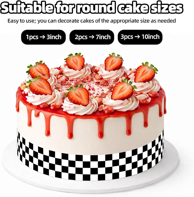 3pcs Edible Checkered Cake Border, 28x6.2cm/11x2.44in Black & White Flag Print Racing Pre-Cut Race Car Image Wrap Rice Paper Sheet for Birthday Decor Side Strip Topper Party Decoration