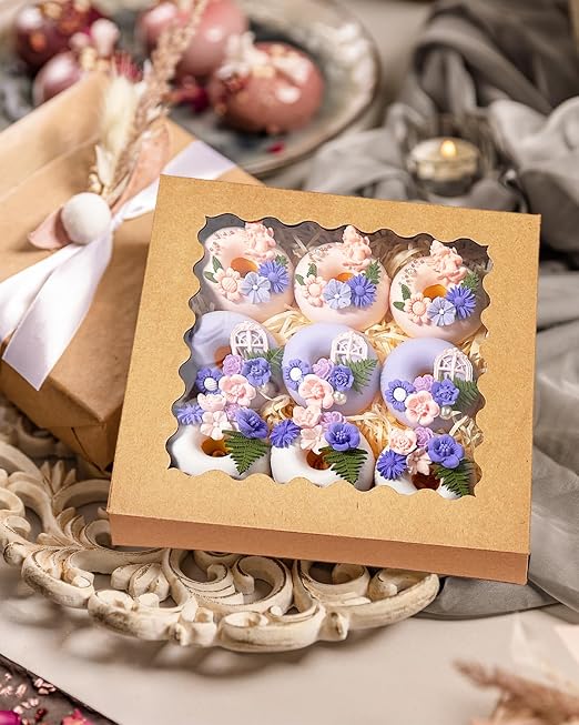 Bakepacker 240pcs Brown Pie Boxes 8"x 8"x 2.5" Easy Assemble Macaroon Cookie Boxes Bakery Boxes with Window for Bakery (Auto-pop Up)