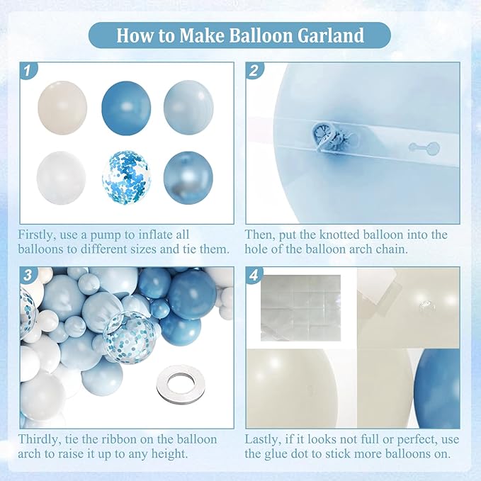 Blue Balloon Arch Kit, 143Pcs Dusty Light Macaron Metallic Blue and Sand White Balloons Garland Arch Kit Confetti Balloons for Birthday Wedding Boy Baby Shower Gender Reveal Decorations