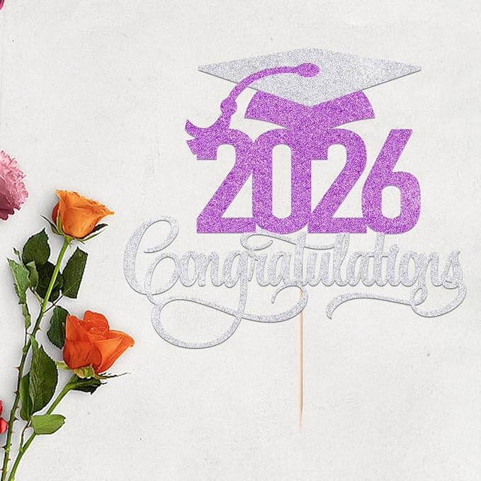 Silver Purple 2026 Congratulations Graduation Cake Topper,Congrats Grad Cake Decor - 2026 High School/College/Senior Graduation Party Decorations Supplies