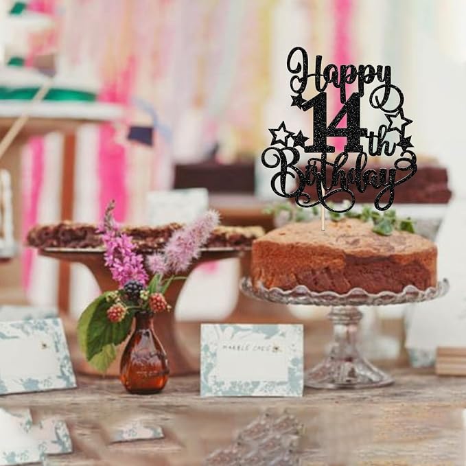 1 PCS Happy 14st Birthday Cake Topper Glitter Cheers to 14 Years Birthday Cake Pick Hello 14 Fabulous Cake Decoration for Happy 14st Birthday Anniversary Party Decorations Supplies Black