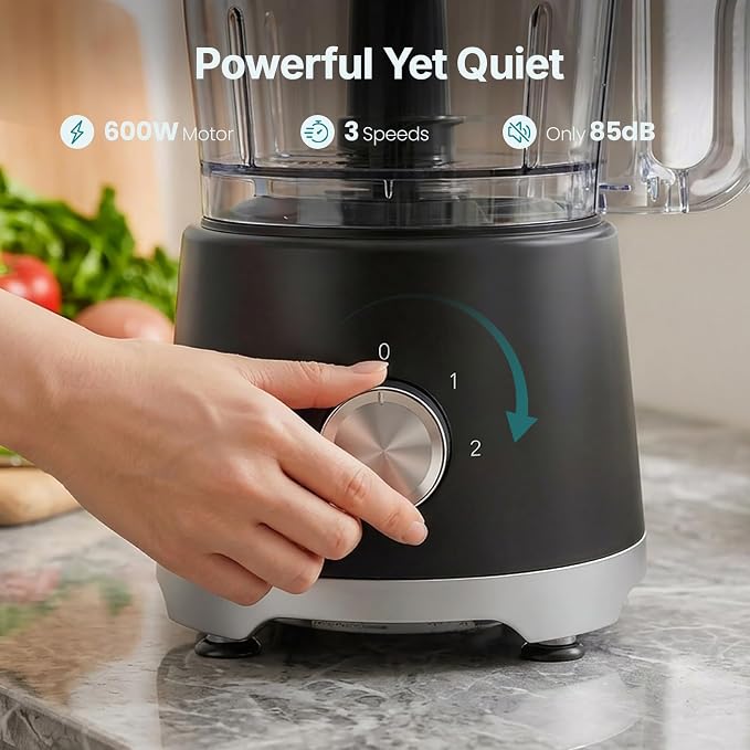 DUMOS Food Processor 10.5 Cup, 600W Electric Vegetable Chopper with French Fry Slicer, Dough Mixer, Dishwasher Safe Parts for Family Meals, Vegetables, Fries, Cheese, Puree