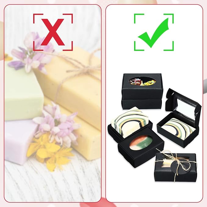 Yexiya 60 Pcs Homemade Soap Boxes 3.55 x 2.4 x 1.2 Inch Kraft Soap Box with Window Mini Gift Packaging Supplies for Homemade Bakery Candy Cookies Party Favor(Black)