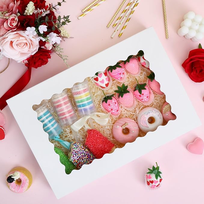 TOMNK 25pcs Cookie Boxes with Window, 16x11x2.5in Large Auto-Popup Bakery Boxes for Treats, Desserts, Chocolate Covered Strawberries, Pies, Muffins, Donuts