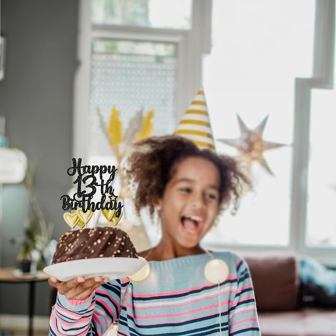 Gyufise 1Pc Happy 13th Birthday Cake Topper Glitter 13 & Fabulous Official Teenager 13 Birthday Cake Pick for Celebrating 13th Birthday Anniversary Party Cake Decorations Supplies Black