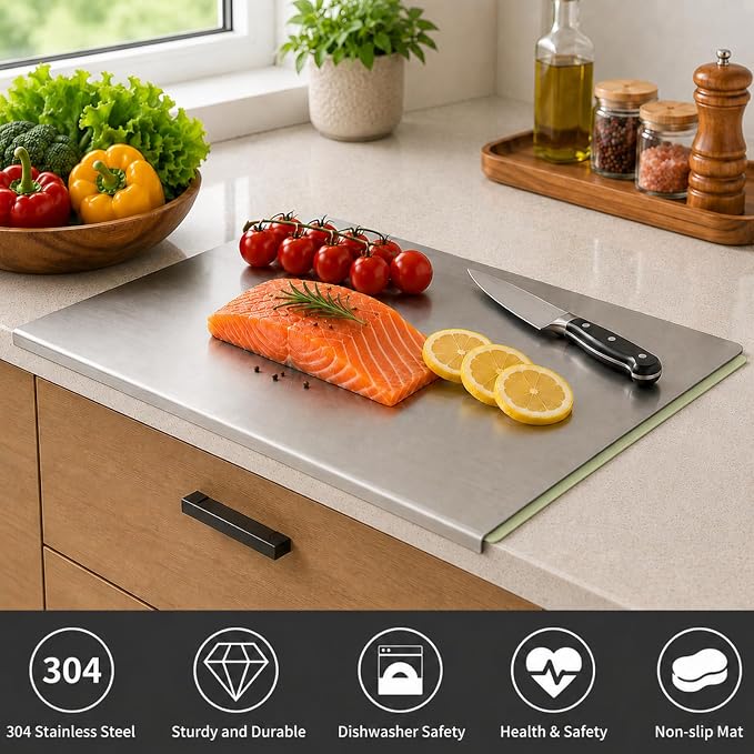 Large Stainless Steel Cutting Board with Lip for Kitchen, Chopping Boards with Green Non-slip Mat, Cutting Board with Counter Lip for Meat, Fruits, Vegetables, Bread,Dough(15.7" × 11.8")