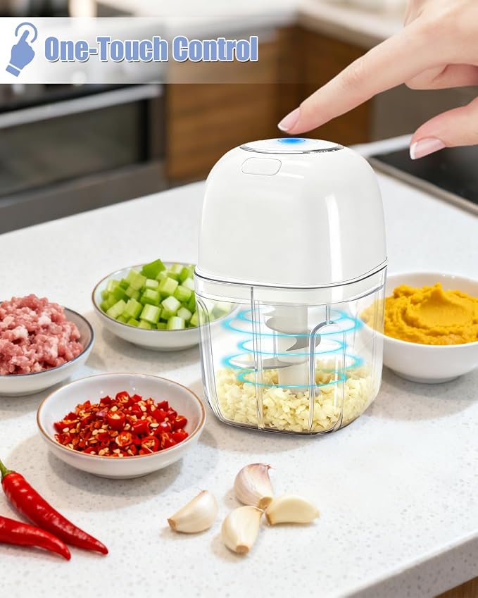 Joyzan Electric Garlic Chopper, Mini Food Processor Veggie Grinder 350ML | Portable Small Onion Mincer Cordless Blender Masher USB Rechargeable Cutter 6 Blades Chili Fruit Vegetable Ginger Spices