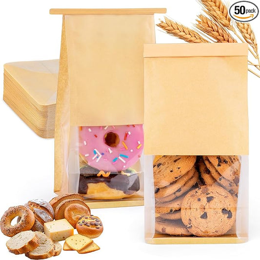 HONKID Cookie Bags with Seal, 50 Pack 3.9x3.1x8.2 Inches Small Bakery Bags with Window Tin Tie Tab Lock Resealable Cookie Gift Bags for Cookies Donut Baked Goods Packaging