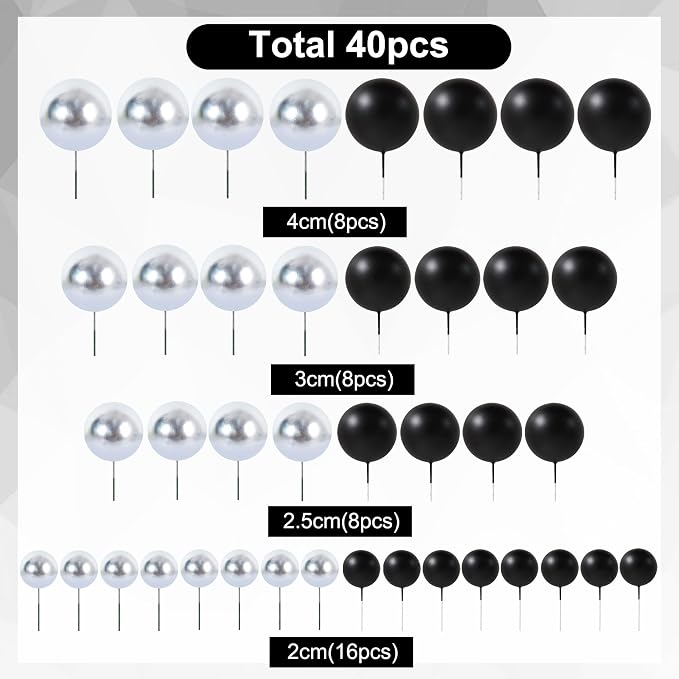 BEISHIDA 40 Pcs Ball Cake Toppers Mini Balls Cake Decorations Black Silver Foam Balls Sticks DIY Cake Topper for Congrats Grade 2026 Graduation Men Birthday New Year Retirement Decorations