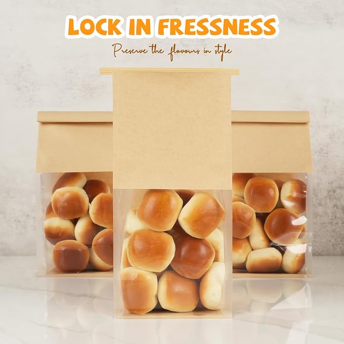 100 Pack Bakery Bags with Window, 5.1x3.9x11 Inches Tin Tie Tab Lock Resealable Cookie Bags for Packaging Bagels, Bread Loaf, Pastry, Baked Goods | Thick Material