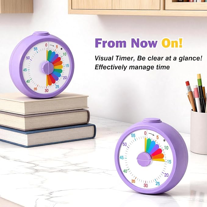 Mwellewm Visual Timer for Kids, 60 Minute Time Digital Pomodoro Timer Countdown with Silent Pause Function for Classroom Kitchen Study Cooking Meetings ADHD Rainbow Pattern(Circle Purple)