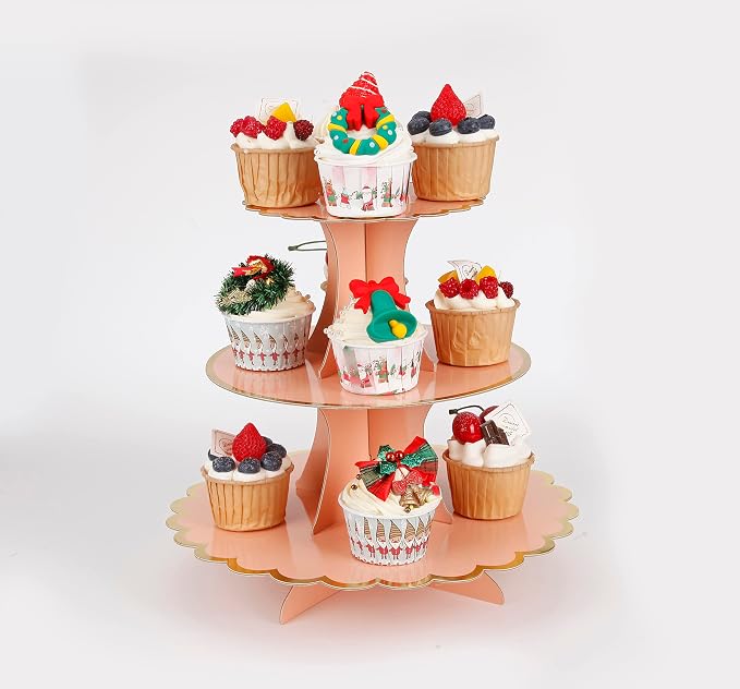 YLDW Cupcake Stand with Lace Trim, 3-Tier Cupcake Stand Display, Cardboard Cup Cake Tower Stand, Disposable Dessert Stand for Birthday Tea Party Baby Shower Treat Decorations, Orange Pink